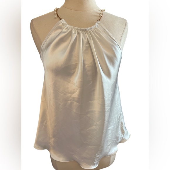 Nicole Miller Tops - Nicole Miller white satin halter top, gold pearl-beaded necklace-style strap M